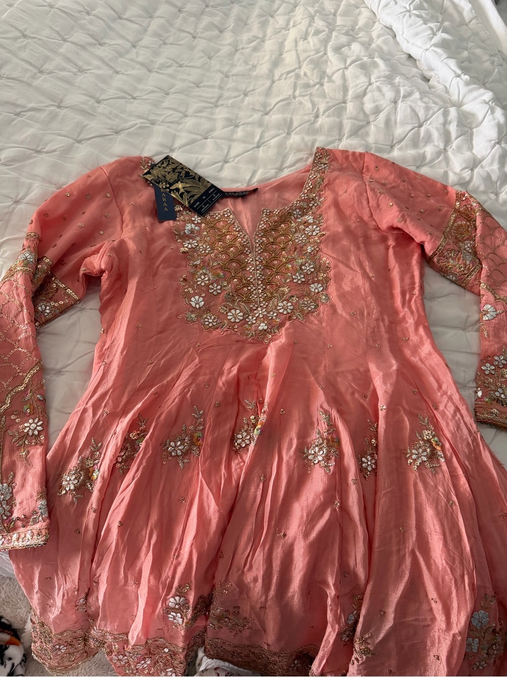 Lashkaraa Peachy Pink Embroidered Viscose Chinon Sharara. NWT. Size Large. - Picture 6 of 7